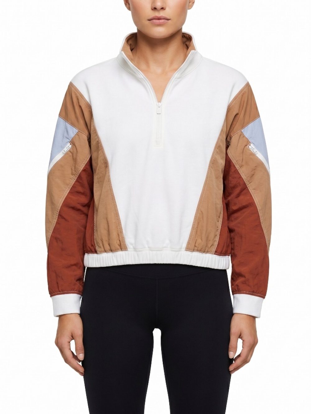 Free People FP Movement Small Colorblock 1/2 Zip Sweatshirt Tan Red Blue Pocket